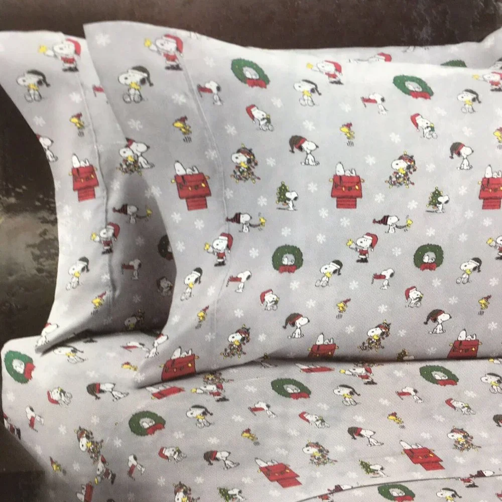 4pc Berkshire Peanuts Christmas QUEEN Sheet Set Snoopy Woodstock Snowflakes Gray